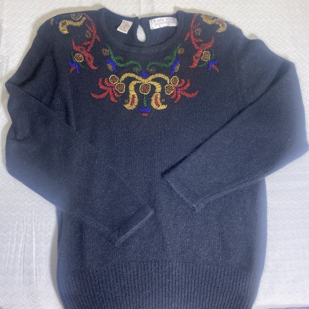 Karen Scott Petites Black Beaded Sweater Y2K Inspired Wool Blend PL